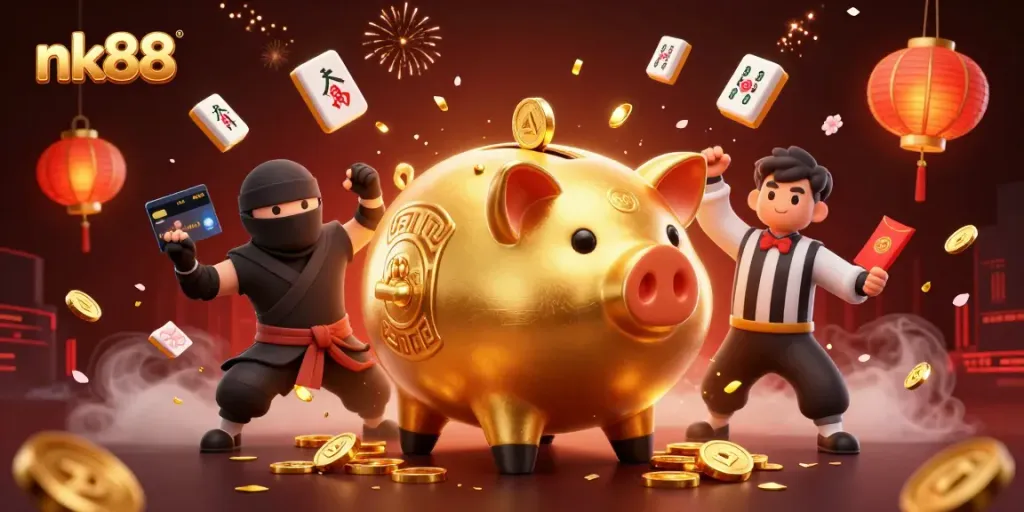 Engage with nk88 casino's dynamic 3D scene featuring a sumo wrestler, ninja, and samurai amidst rich gaming elements.