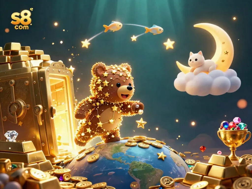 Experience thrilling adventures with s8 com, featuring a magical scene full of riches and celestial friends.