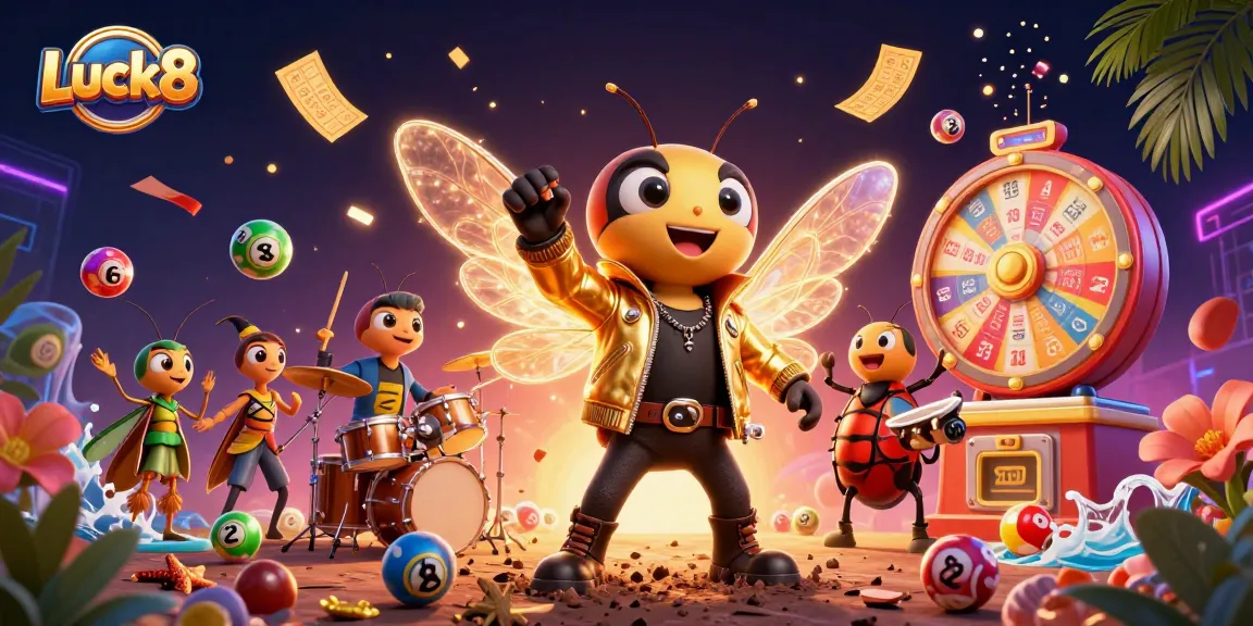 Engage with Luck8's exciting lottery-themed scene featuring animated characters and vibrant game elements.