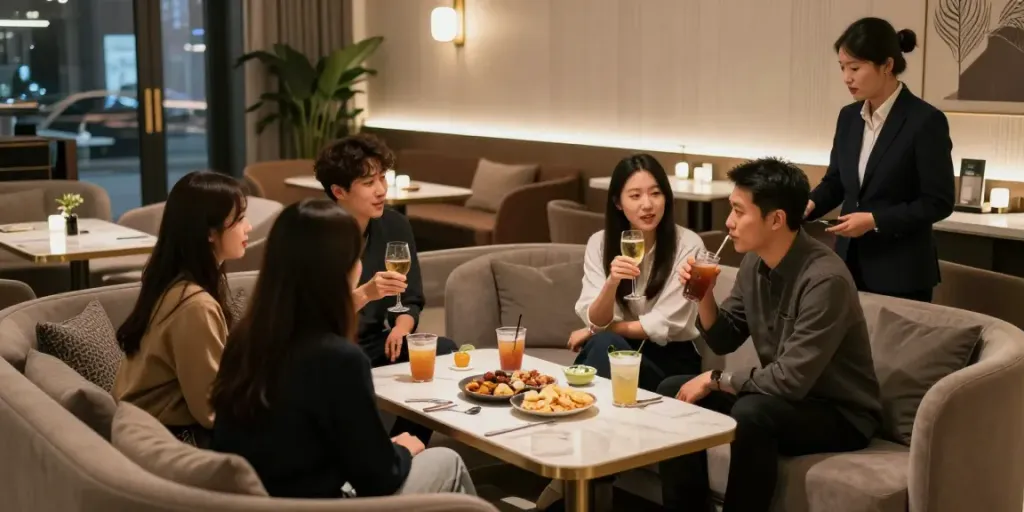 강남구구단 쩜오에서 아늑한 사교 공간을 즐기는 친구들 모습