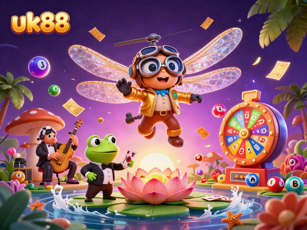 Engage with the thrilling world of uk88 as a dragonfly pilot and frog croupier navigate a vibrant lily pad casino filled with dynamic games.