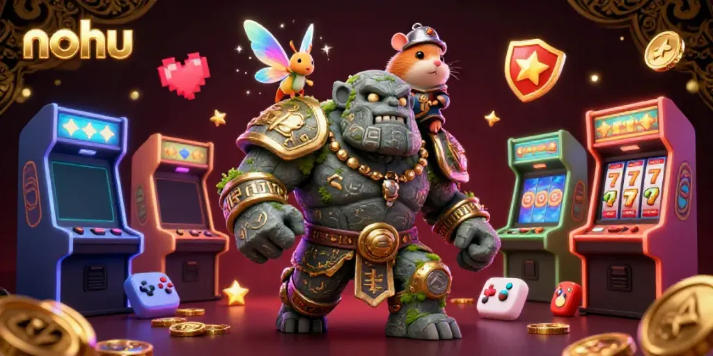 Nohu-themed ultra-detailed 3D illustration showcasing a magical casino scene with vibrant characters and casino elements.
