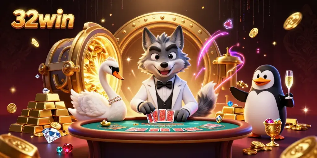 Experience thrilling gambling at 32win with a wolf, swan, and penguin in a lavish casino scene.