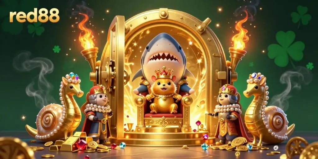 Experience the exciting world of red88 with a golden hamster king and treasures in this vibrant casino-themed illustration.