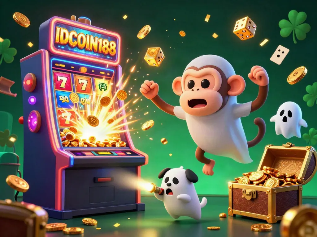 IDCOIN188 enriching the casino experience with a playful poltergeist and curious puppy in a vibrant scene.