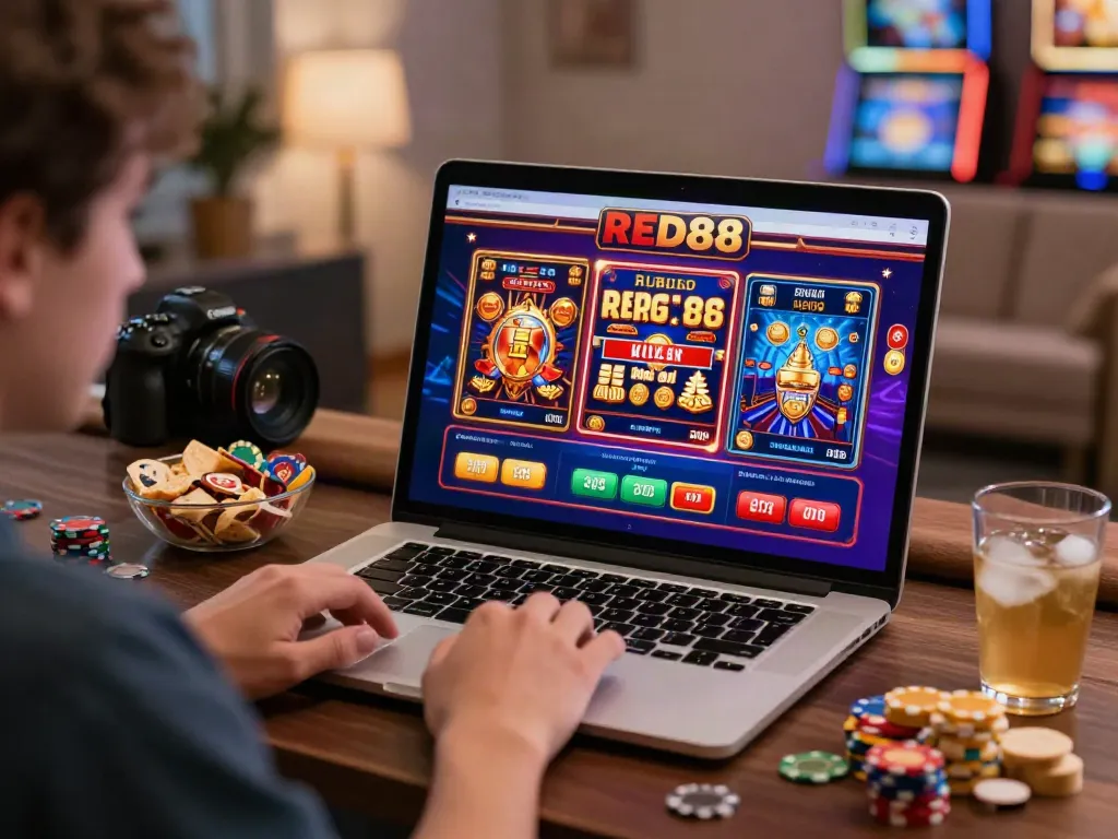 Experience the thrill of RED88's online gaming with vibrant visuals of slot machines and live casinos.