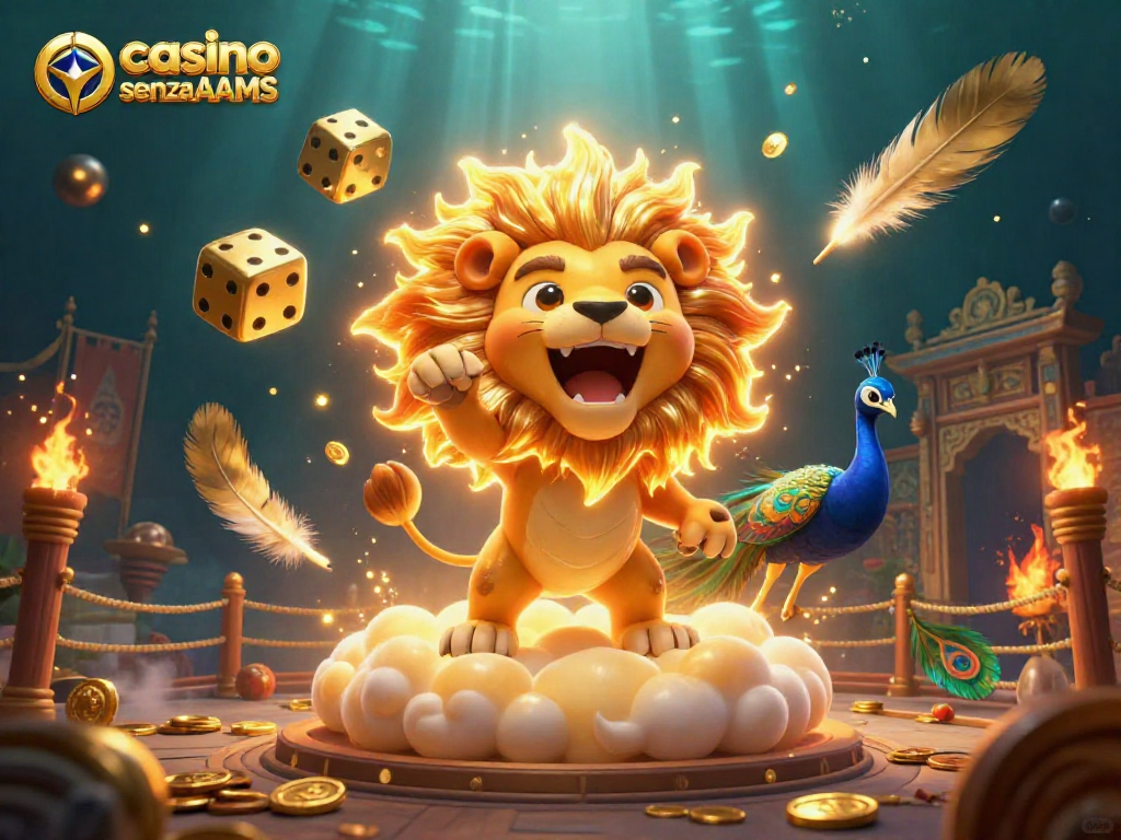Immagine dinamica di casino senza AAMS con simboli di gioco e un leone solare trionfante.