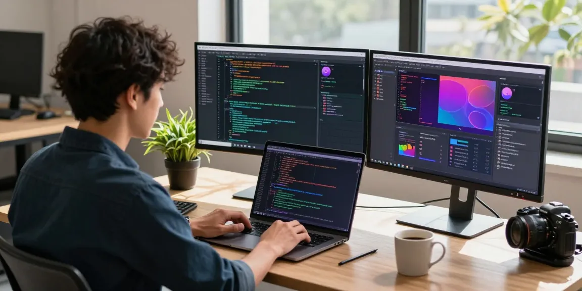 Engaging workspace scene highlighting Telegram Download on dual monitors with a developer coding.