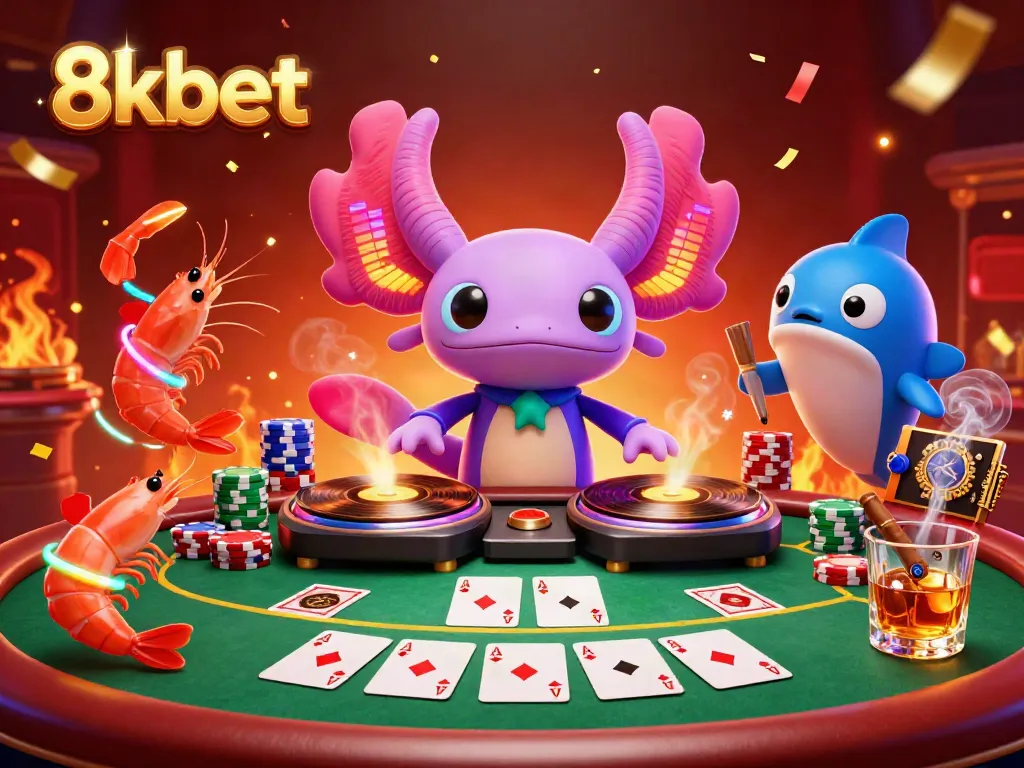 Feel the excitement of gambling with 8xbet's neon axolotl DJ at a lively poker celebration.
