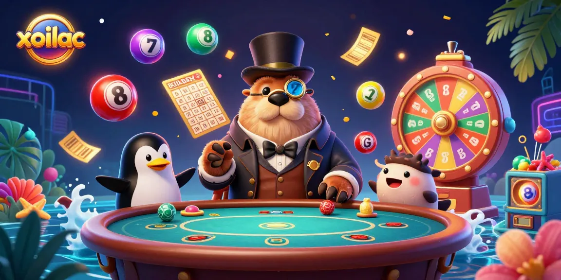 Xoilac enhances your gambling with vibrant lottery balls and a jolly walrus playing poker.