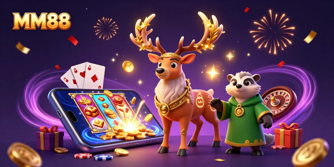 Engage with MM88's vibrant gambling world featuring colorful slot games, coins, and enchanting characters.