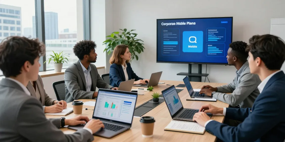 Team collaboration on corporate mobile plans UK in a modern office.