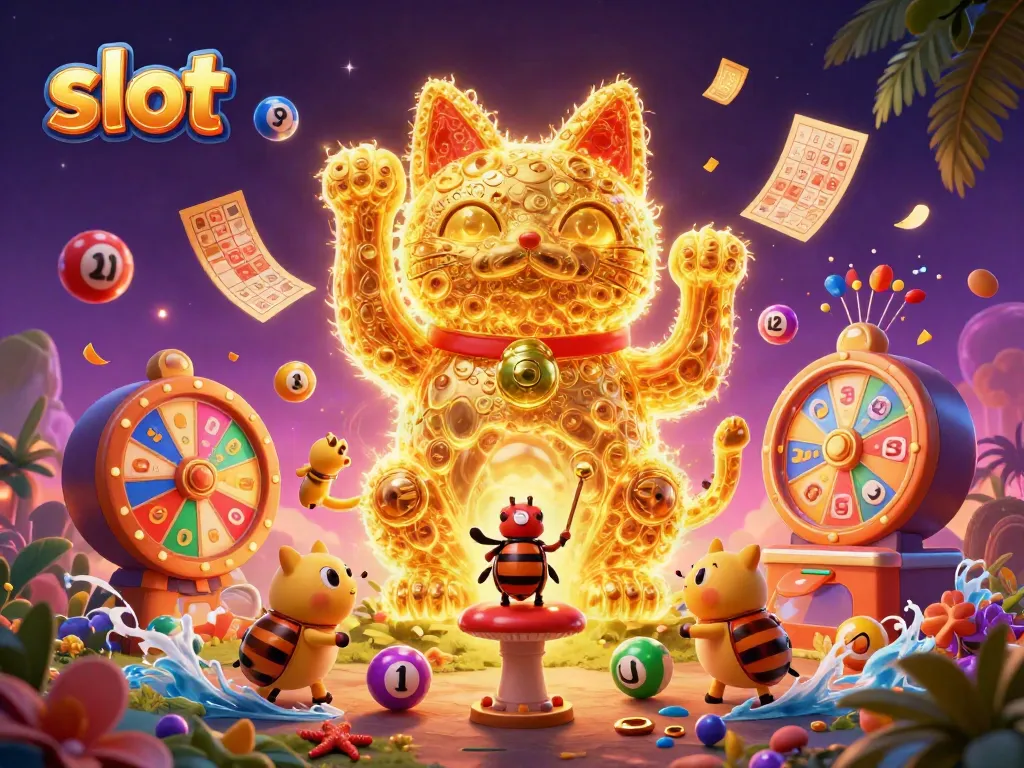 Exciting slot-themed 3D illustration of a lucky cat surrounded by dynamic casino elements.