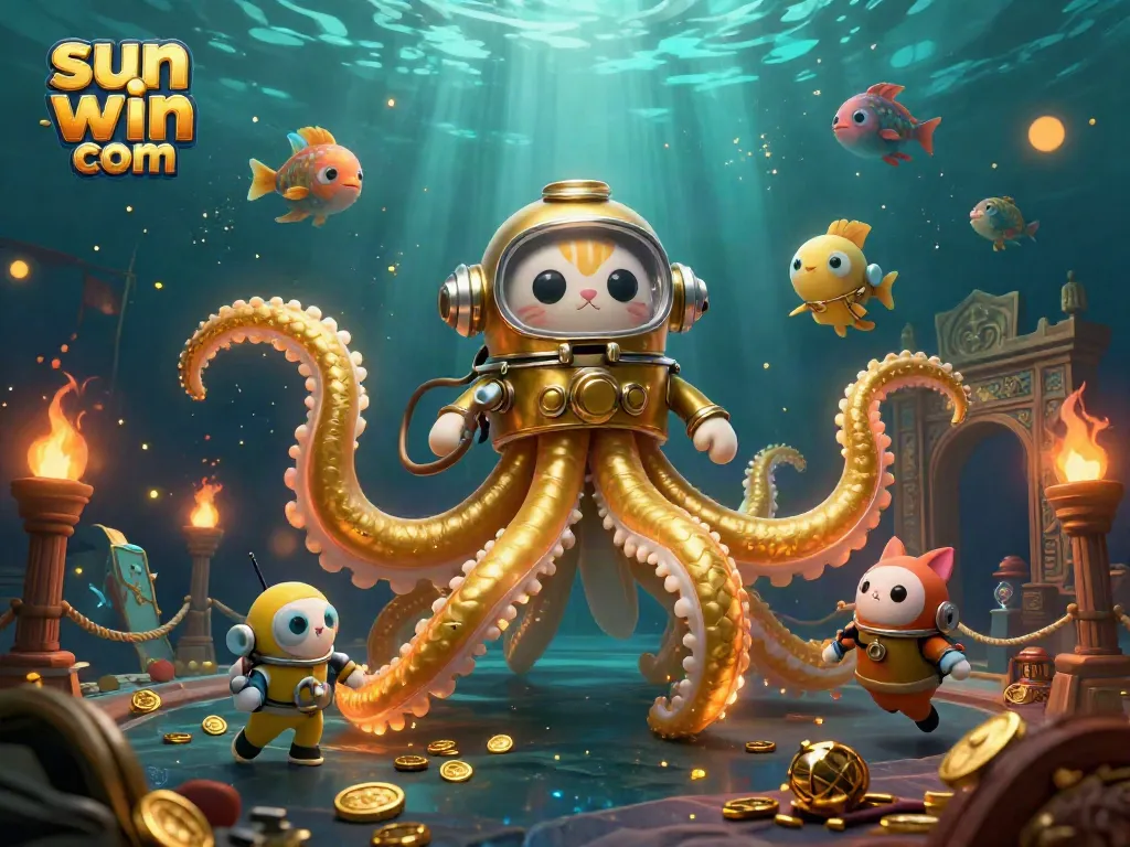 Join the adventure with sun win com as a kraken reveals treasures in this exciting casino illustration.