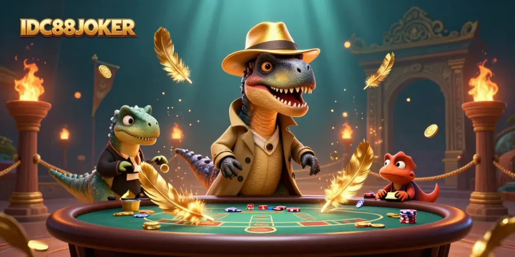 Experience high-stakes action at IDC88JOKER with a velociraptor card counter at a blackjack table.