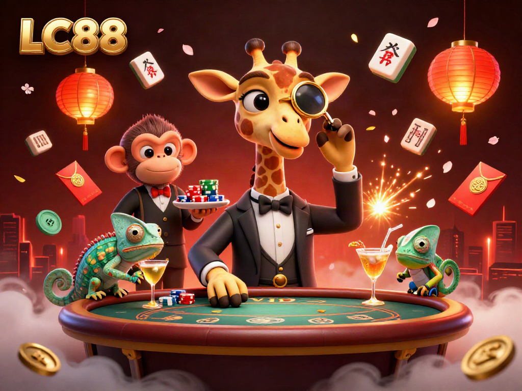 Experience the vibrant world of LC88 with high-roller giraffes and festive casino elements.