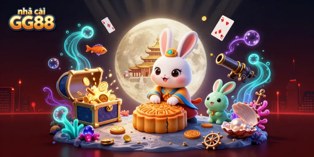 Engaging 3D scene showcasing nhà cái GG88 with a playful moon rabbit and elements of chance like poker chips and bioluminescent treasure.