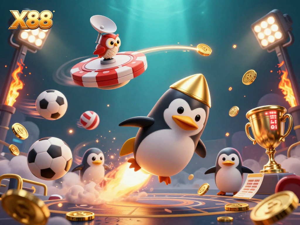 X88 offers thrilling betting fun with a cartoon penguin rocket traveling to a casino.