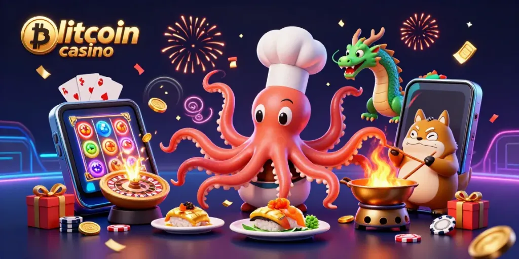 Experience the thrill of a bitcoin casino with animated characters celebrating wins.