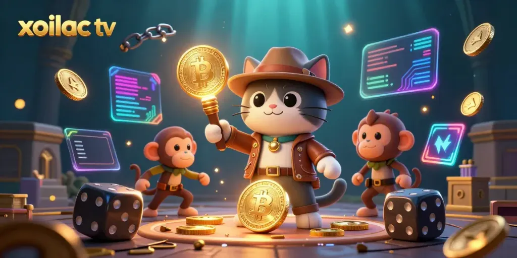 Experience seamless streaming on Xoilac TV with vibrant casino-themed visuals and exciting gaming elements.