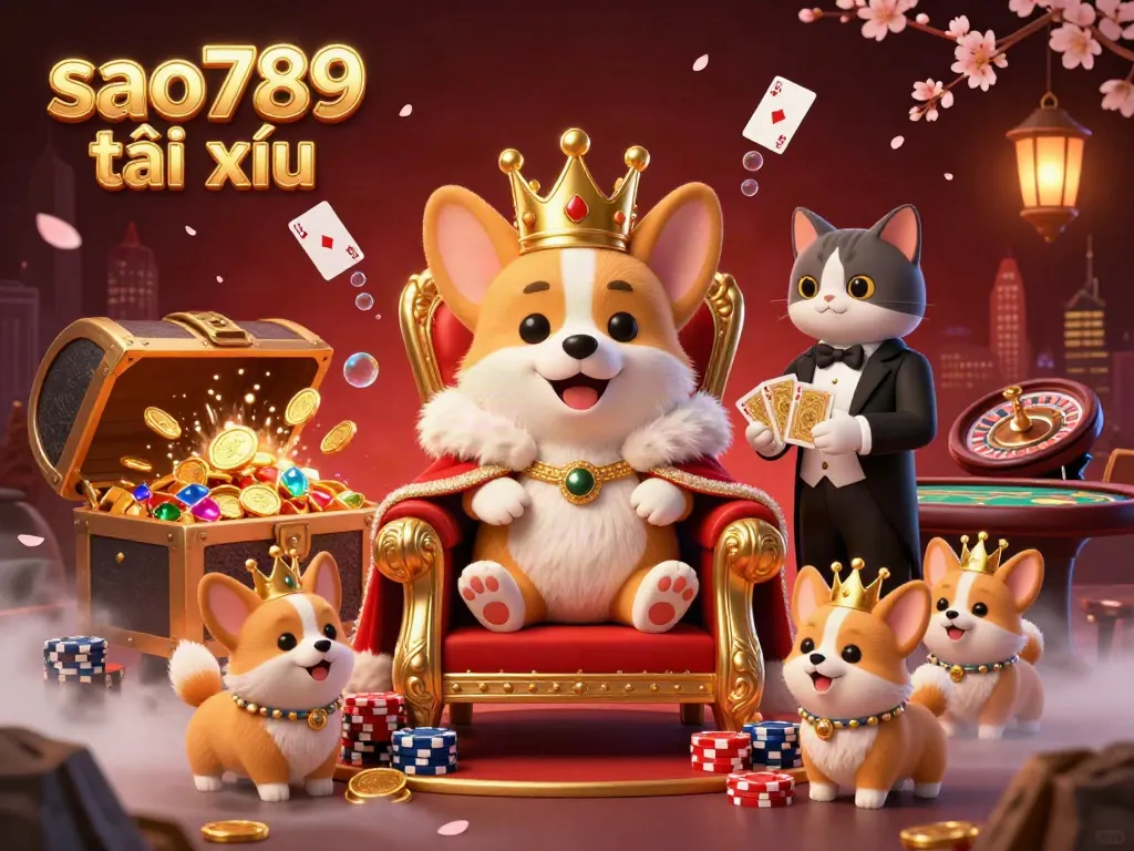 Experience thrilling gameplay with sao789 tài xỉu, featuring a royal corgi on poker chips amidst gold coins, gems, and playing cards.
