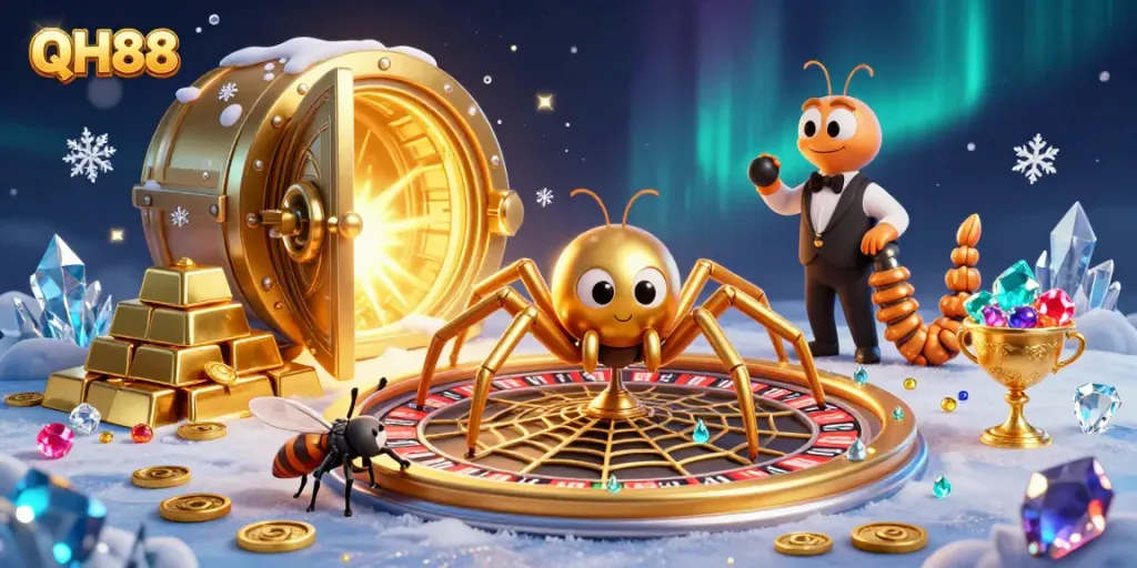 Experience the thrill of betting at QH88 with unique casino elements and dynamic characters in a vibrant illustration.