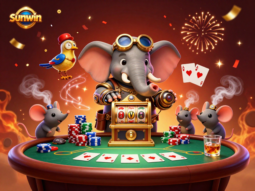 Experience the thrill of sunwin at a steampunk casino with vibrant tabletop gaming elements.