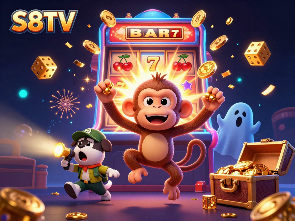 S8TV unleashes thrilling casino adventures with a playful monkey and puppy chasing golden treasures.