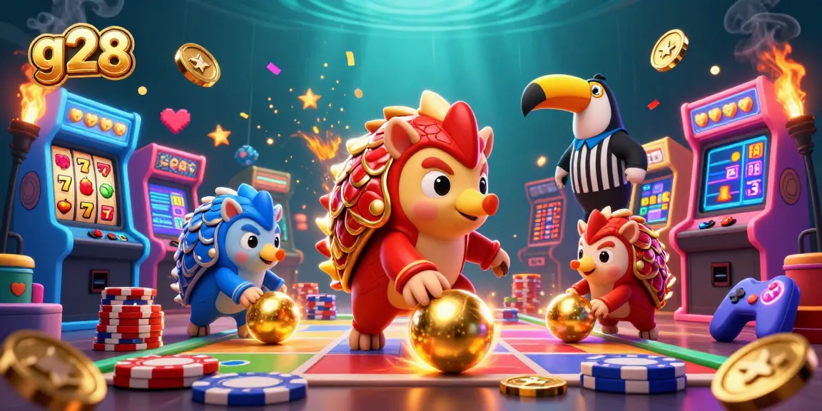 Strategically rolling jackpots and poker chips at g28's thrilling casino scene with vibrant 3D elements.