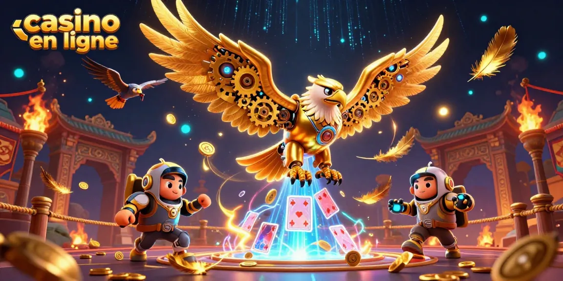 Plongez dans l'univers du casino en ligne avec une illustration dynamique mettant en scène un aigle doré cybernétique et des cartes holographiques.