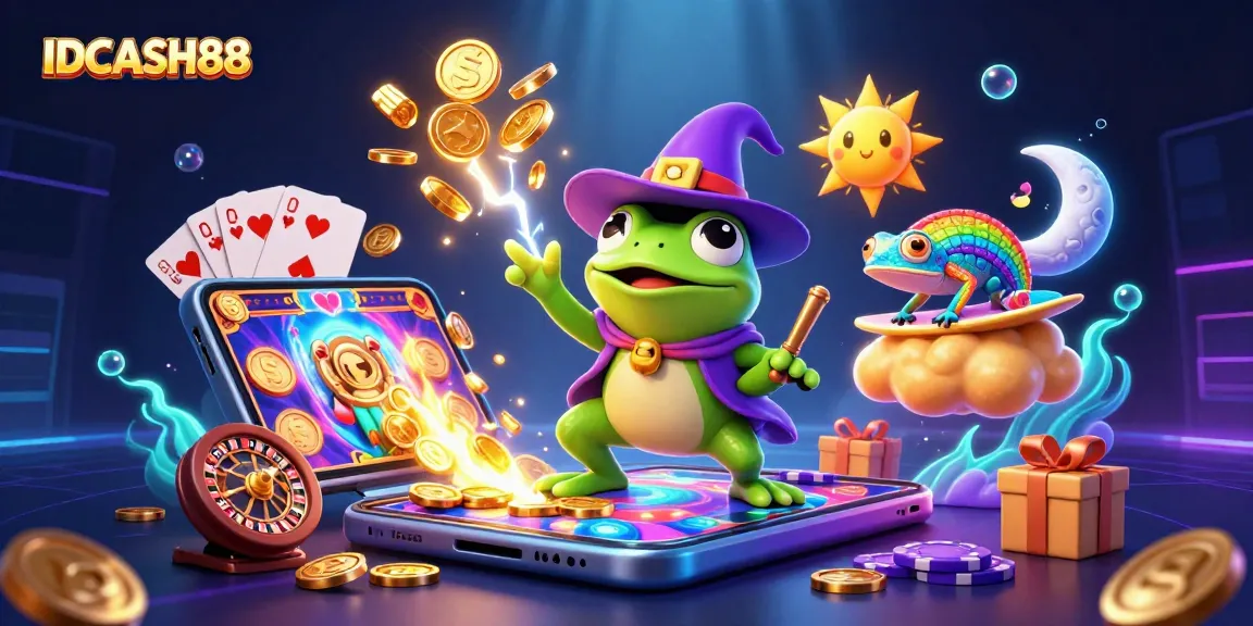 Experience IDCASH88 with a vibrant 3D illustration featuring a storm of coins, colorful slot games, and exciting casino elements.