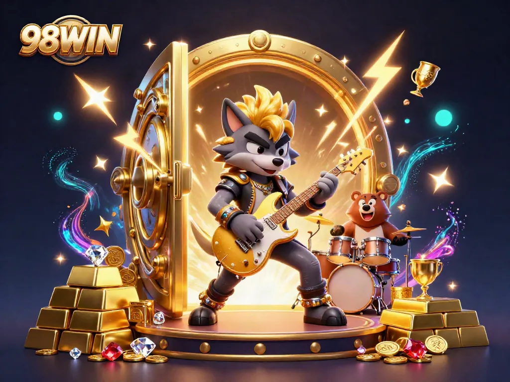 Experience the thrill of 98WIN with a lively 3D casino scene featuring vibrant characters and treasure elements.