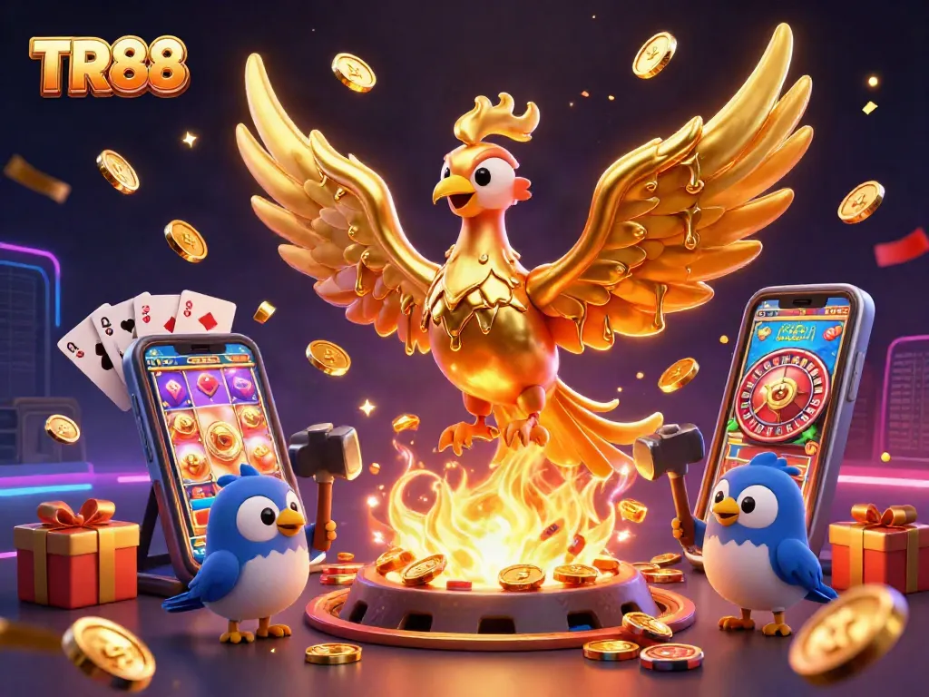 Spin the reels with TR88 as golden coins erupt from a vibrant slot game scene.