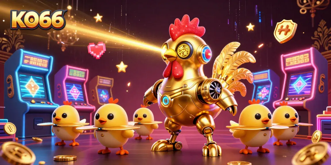 Experience KO66's vibrant casino world with a golden rooster robot and arcade elements.