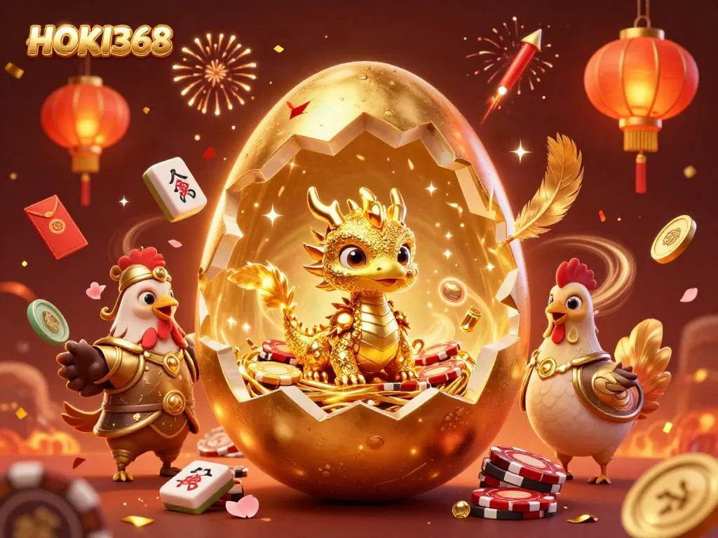 Engage in the excitement of HOKI368's online gaming world with this vibrant golden dragon and poker chips scene.