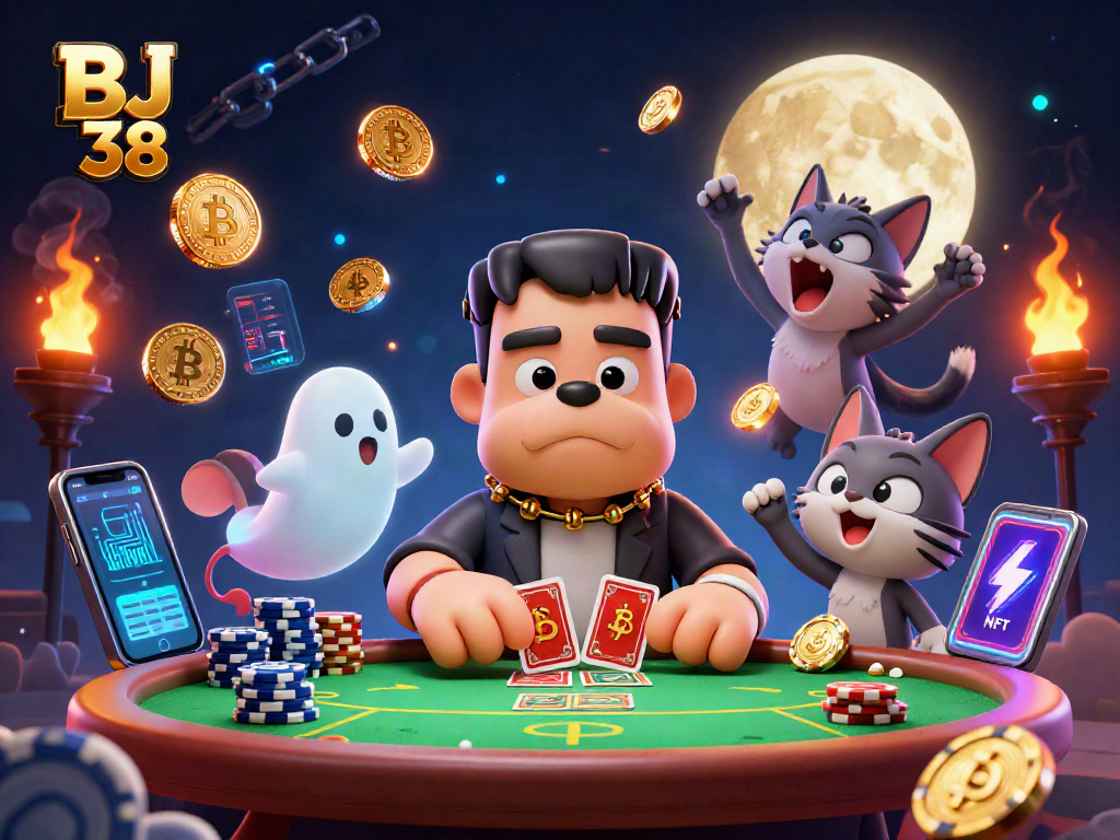 Engage in thrilling poker action at BJ 38 with a colorful 3D illustrated scene of playful characters.