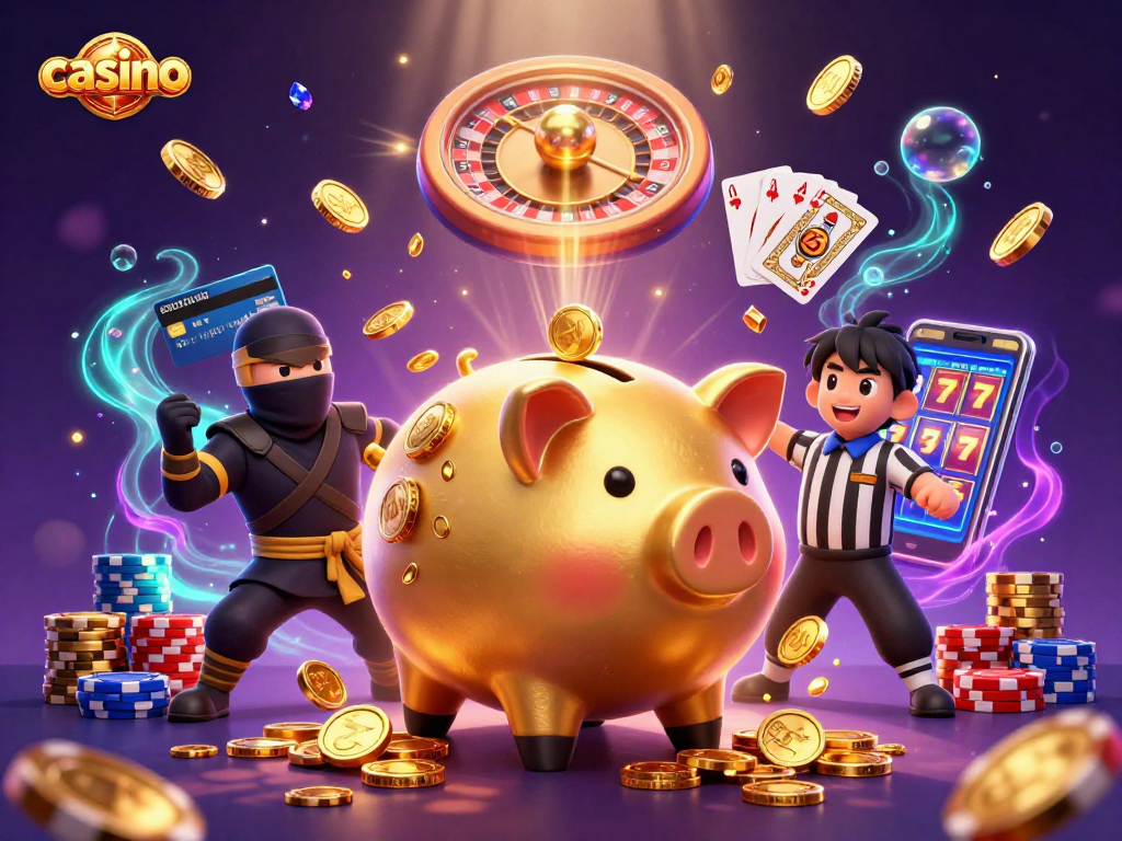 Engaging casino scene with golden piggy bank sumo wrestler and dynamic gambling elements