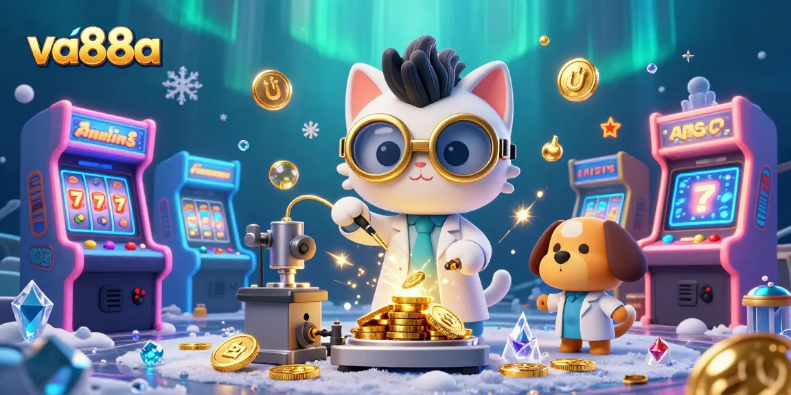 va88a sparks excitement with vibrant gold coins and 3D slot machines in an engaging casino-themed illustration.