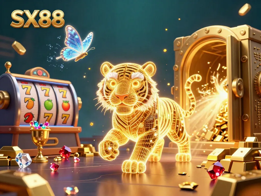 SX88 slot machine action in a vibrant casino jungle with golden treasures and energetic characters.