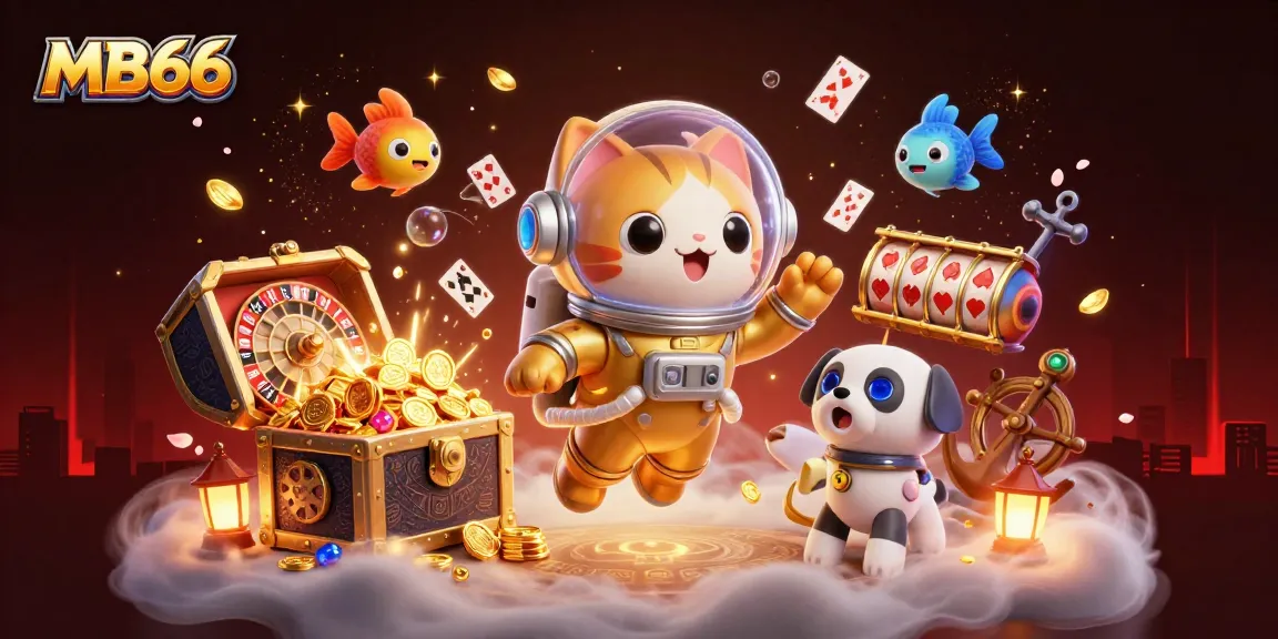 Betting excitement at MB66 with vibrant gaming elements, featuring an astronaut cat in a dazzling casino setting.