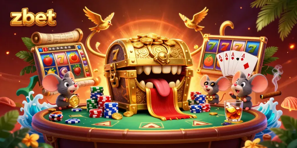 Experience the thrill of zbet's treasure chest and vibrant slots in this detailed illustration.