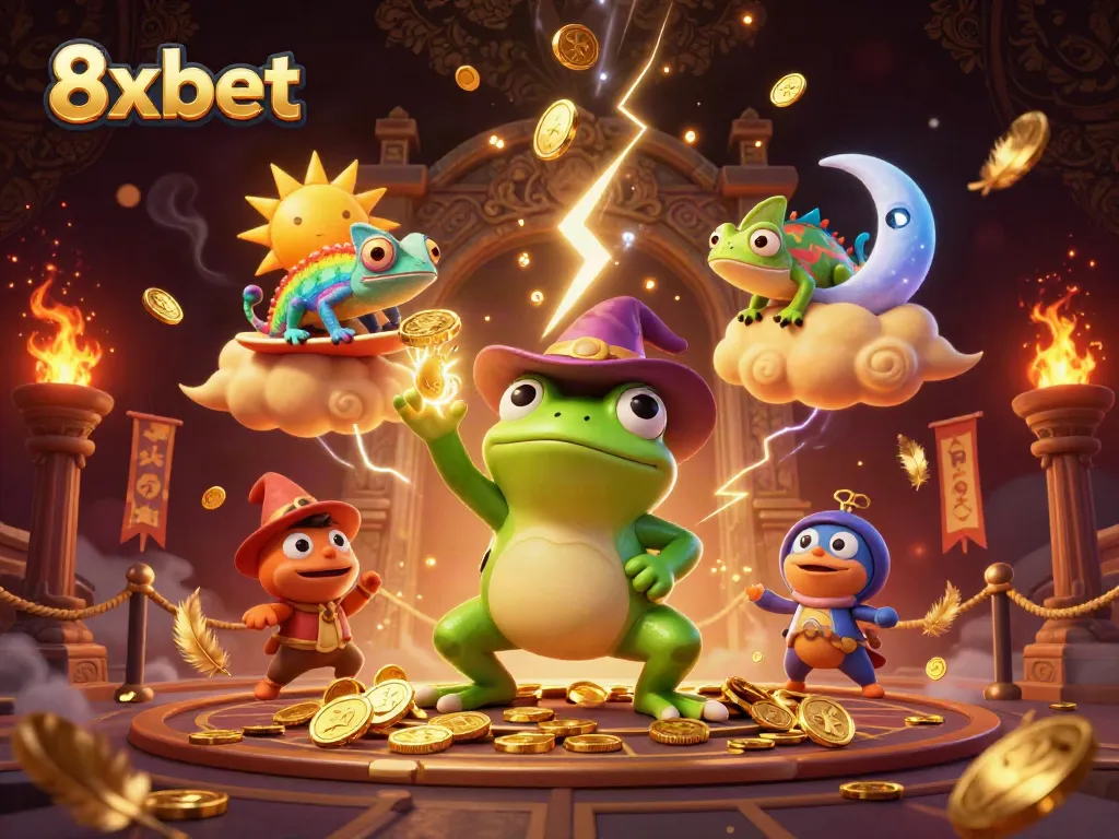 Experience the thrilling adventure with 8xbet as the playful wizard frog unleashes golden coins in an exciting casino atmosphere.
