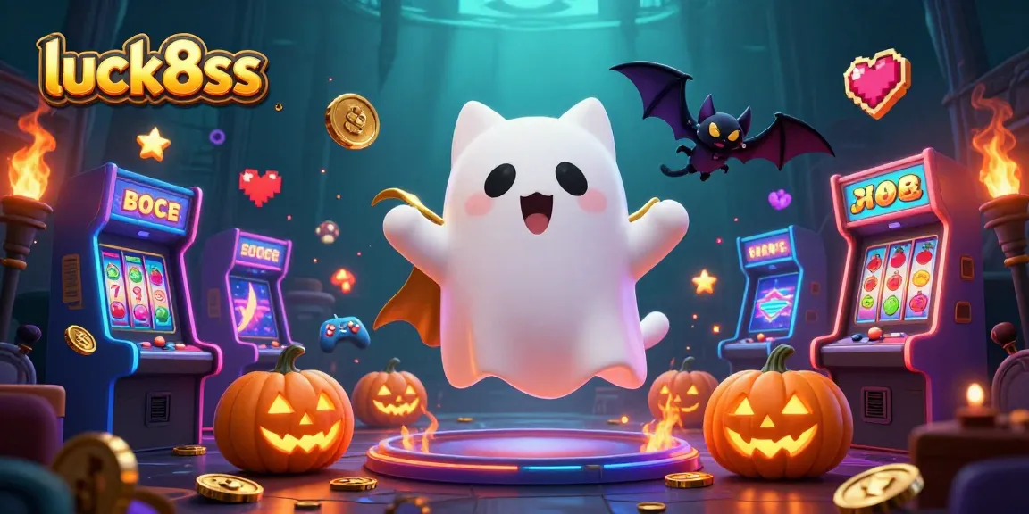 Engage in thrill with luck8ss as the ghost cat navigates a haunted casino filled with vibrant slot games.