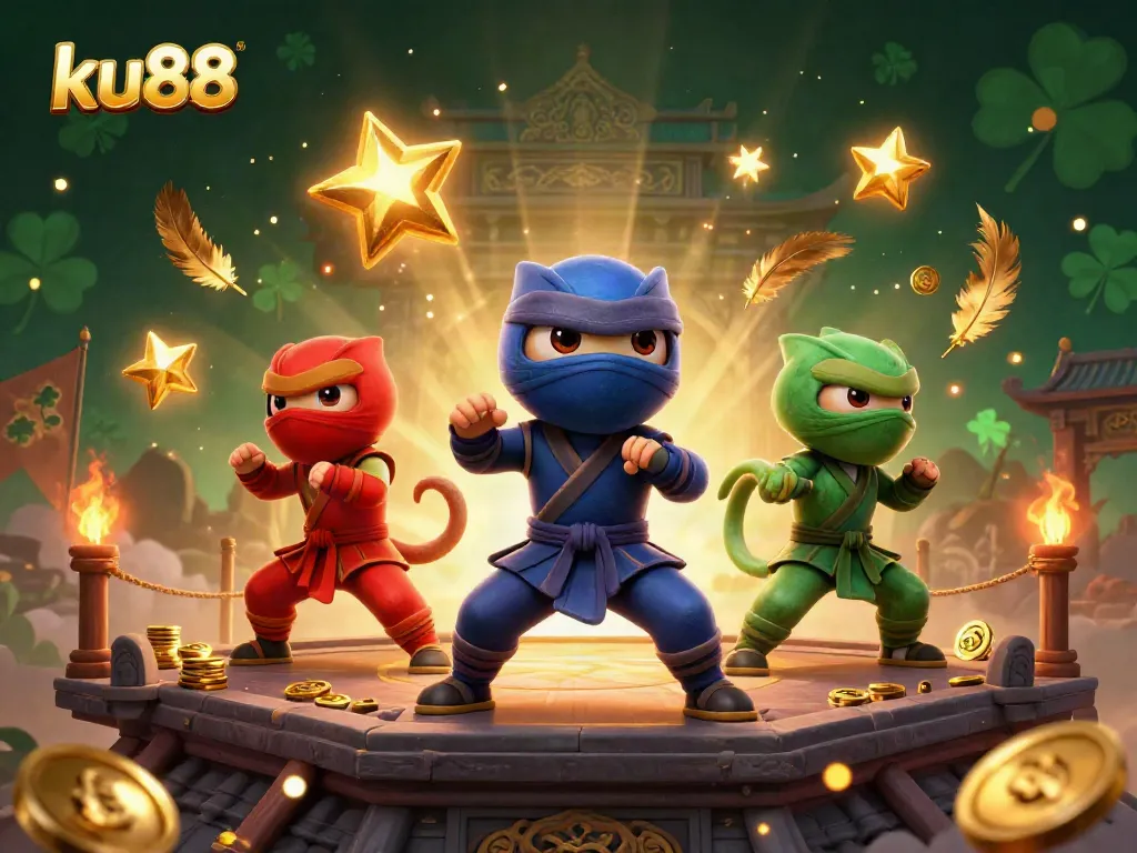 Experience the excitement of ku88 with dynamic ninja chameleons in action, surrounded by casino elements and vibrant effects.