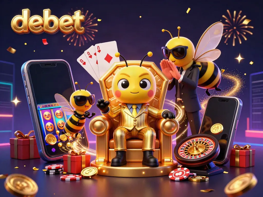Experience the thrill of debet casino with a 3D mob boss and vibrant slot game elements surrounding him.