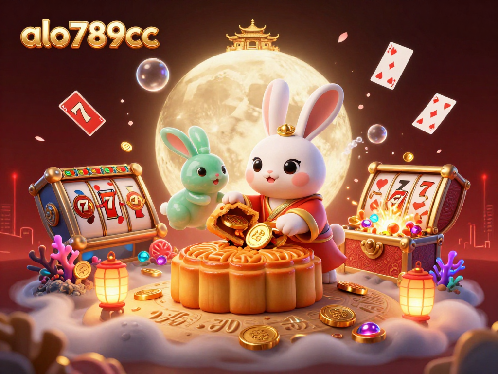 Engage with the enchanting world of alo789bcc as the legendary moon rabbit crafts mooncakes revealing poker chips amidst a vibrant casino scene.