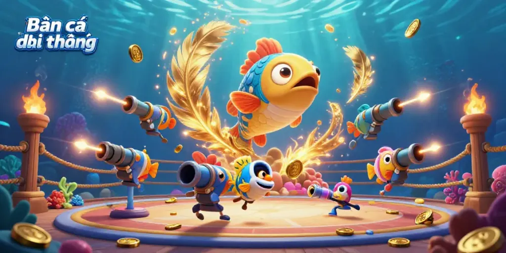 Experience thrilling Bắn cá đổi thưởng action with colorful sea creatures and animated fish soldiers in an immersive 3D underwater scene.