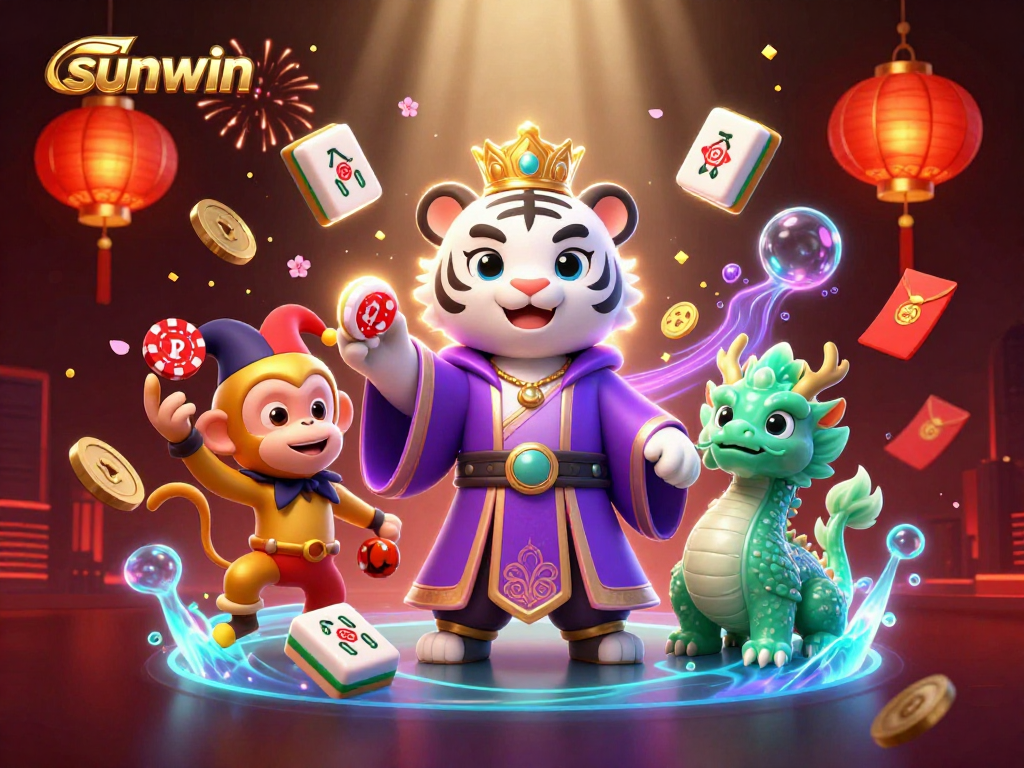 Engage with sunwin's vibrant 3D illustration, showcasing a tiger, monkey, and dragon amid casino elements.