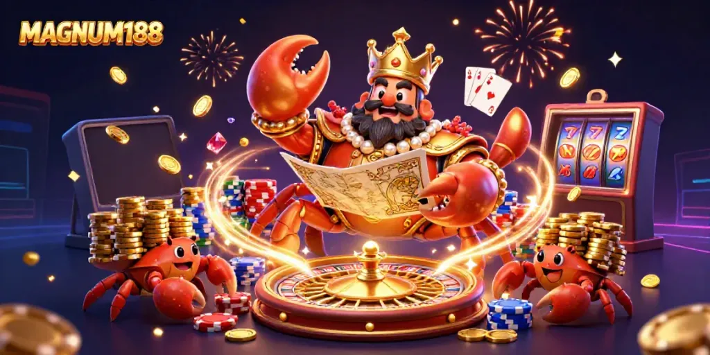 Experience the thrill of MAGNUM188 with a majestic crab emperor surrounded by casino elements.