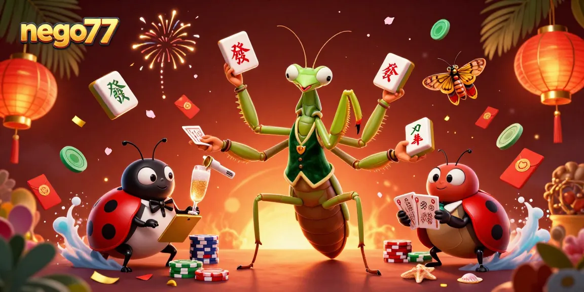 Nego77 gameplay featuring a vibrant casino scene with animated characters and festive gambling elements.